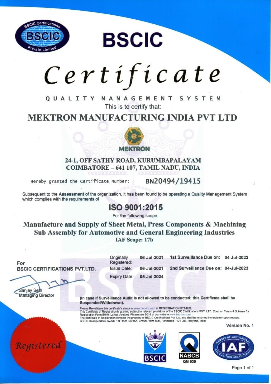 Mektron Certificate